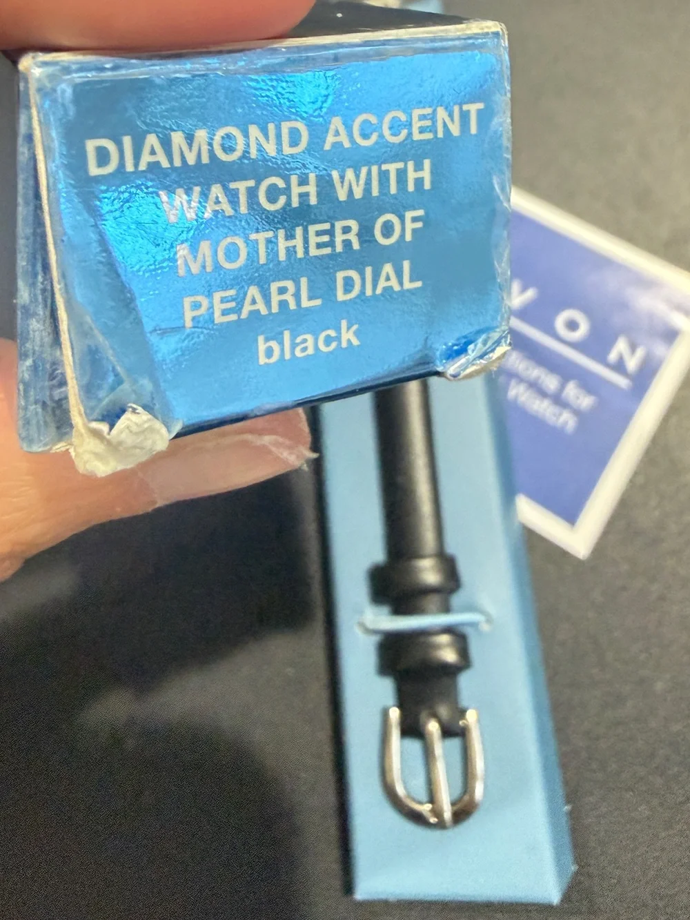 Avon Women’s Vintage Diamond Accent Watch with Mother of Pearl Dial Black Strap